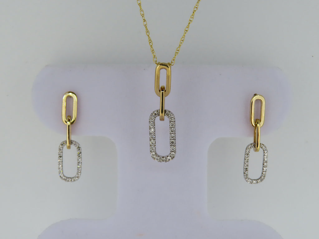 14K Gold Two-Toned Diamond Paper Clip Necklace and Earrings Set