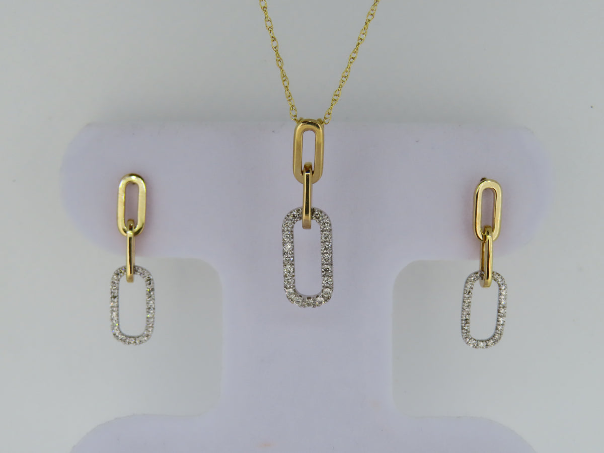 14K Gold Two-Toned Diamond Paper Clip Necklace and Earrings Set