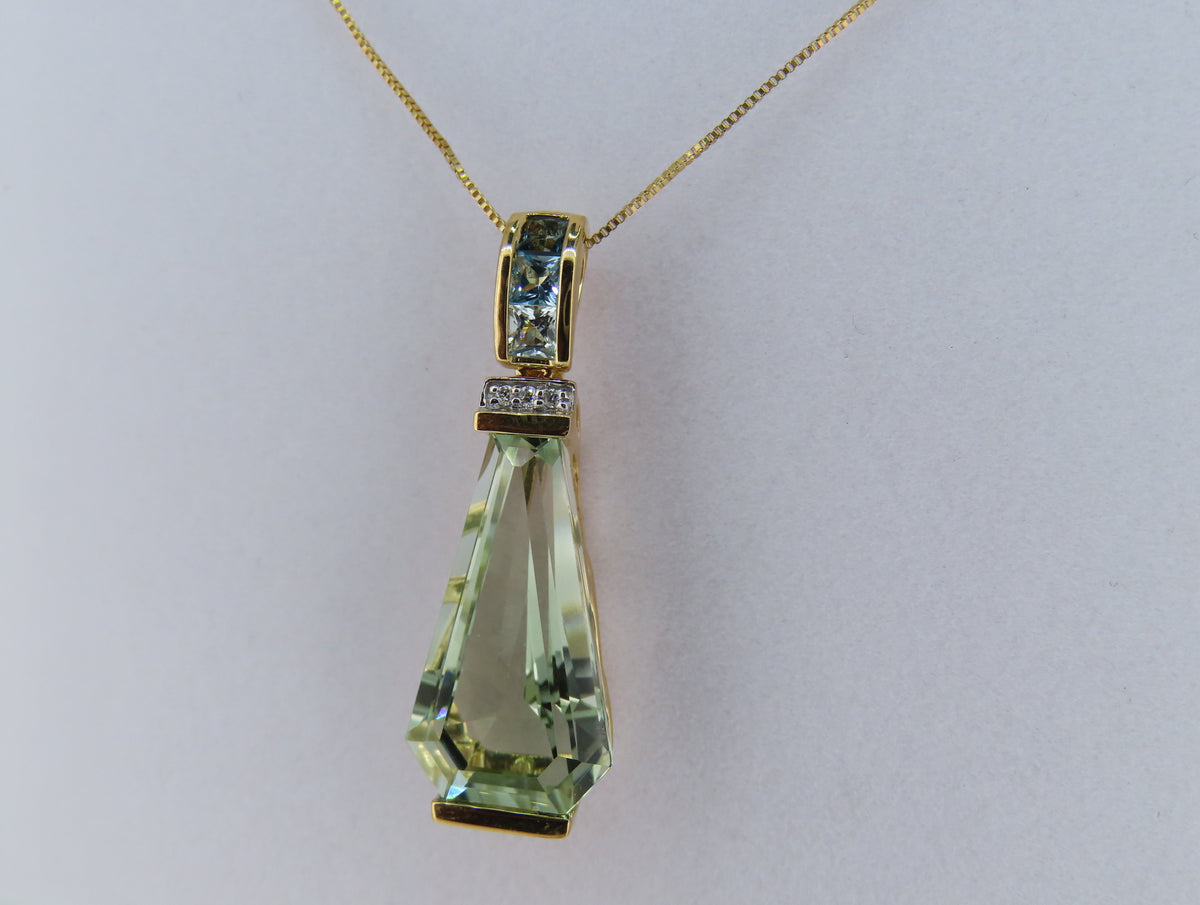 14K Gold Green Amethyst, Diamond and Blue Topaz Pendant