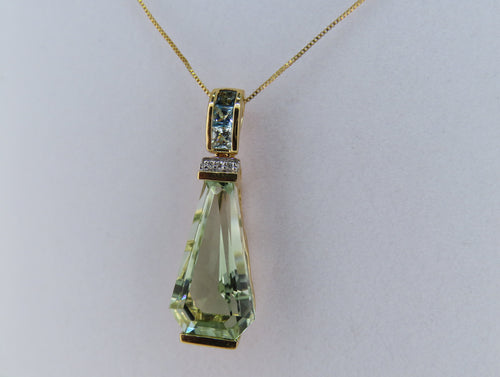 14K Gold Green Amethyst, Diamond and Blue Topaz Pendant