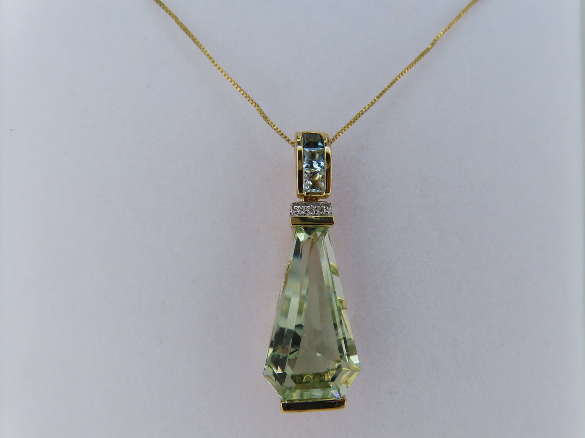 14K Gold Green Amethyst, Diamond and Blue Topaz Pendant