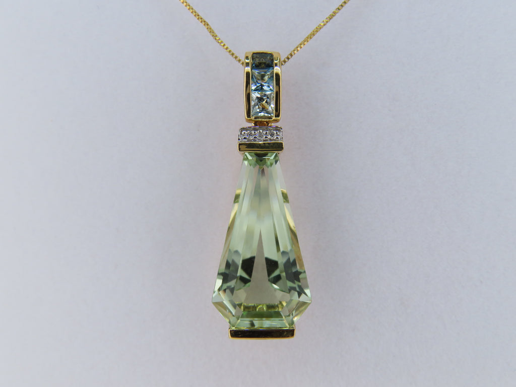 14K Gold Green Amethyst, Diamond and Blue Topaz Pendant