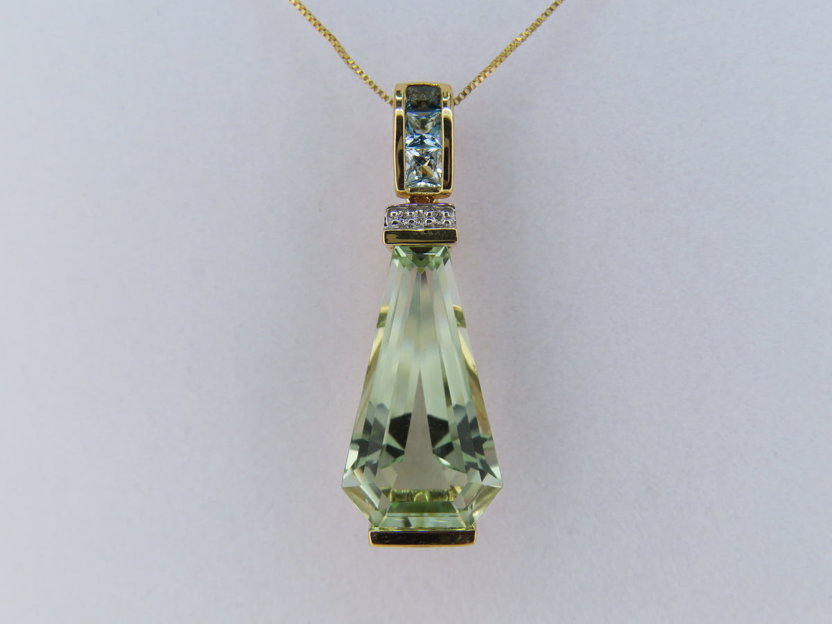 14K Gold Green Amethyst, Diamond and Blue Topaz Pendant