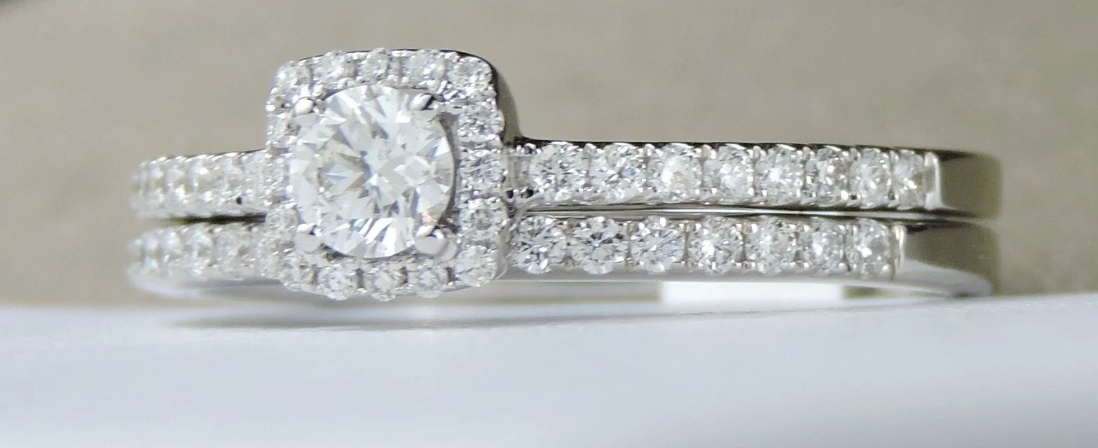 14K White Gold Diamond Ring and Band Set - 14K White Gold | Greco Jewelers - close-up
