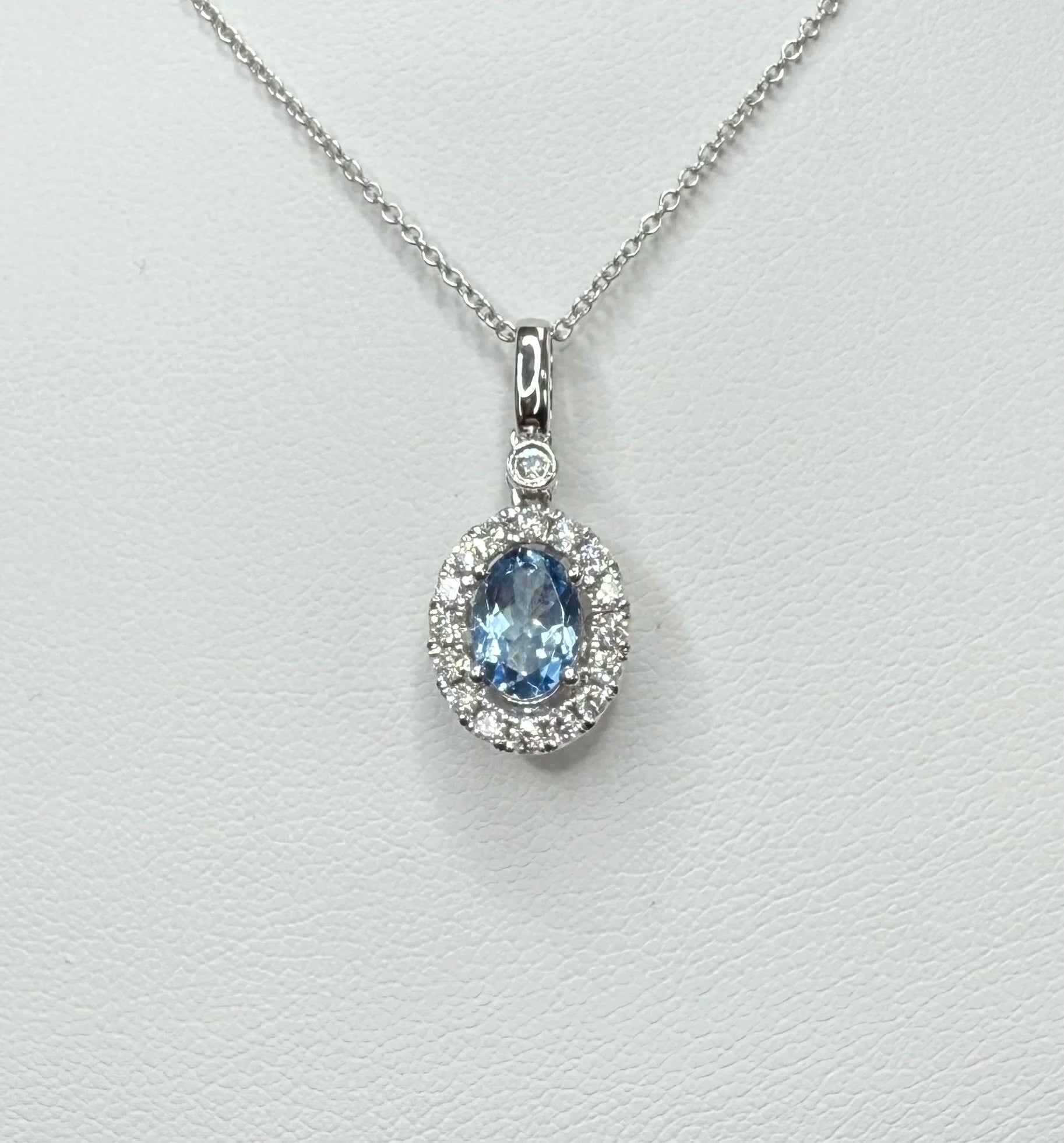 14K White Gold Aquamarine and Diamond Halo Necklace - 14K White Gold | Greco Jewelers