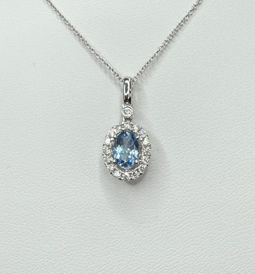 14K White Gold Aquamarine and Diamond Halo Necklace - 14K White Gold | Greco Jewelers