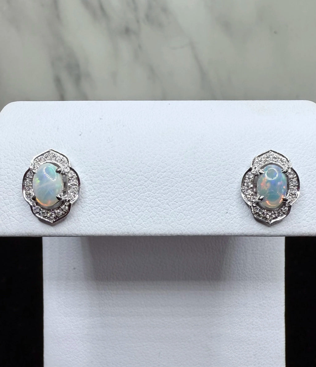 14K White Gold Opal and Diamond Earrings - 14K White Gold | Greco Jewelers