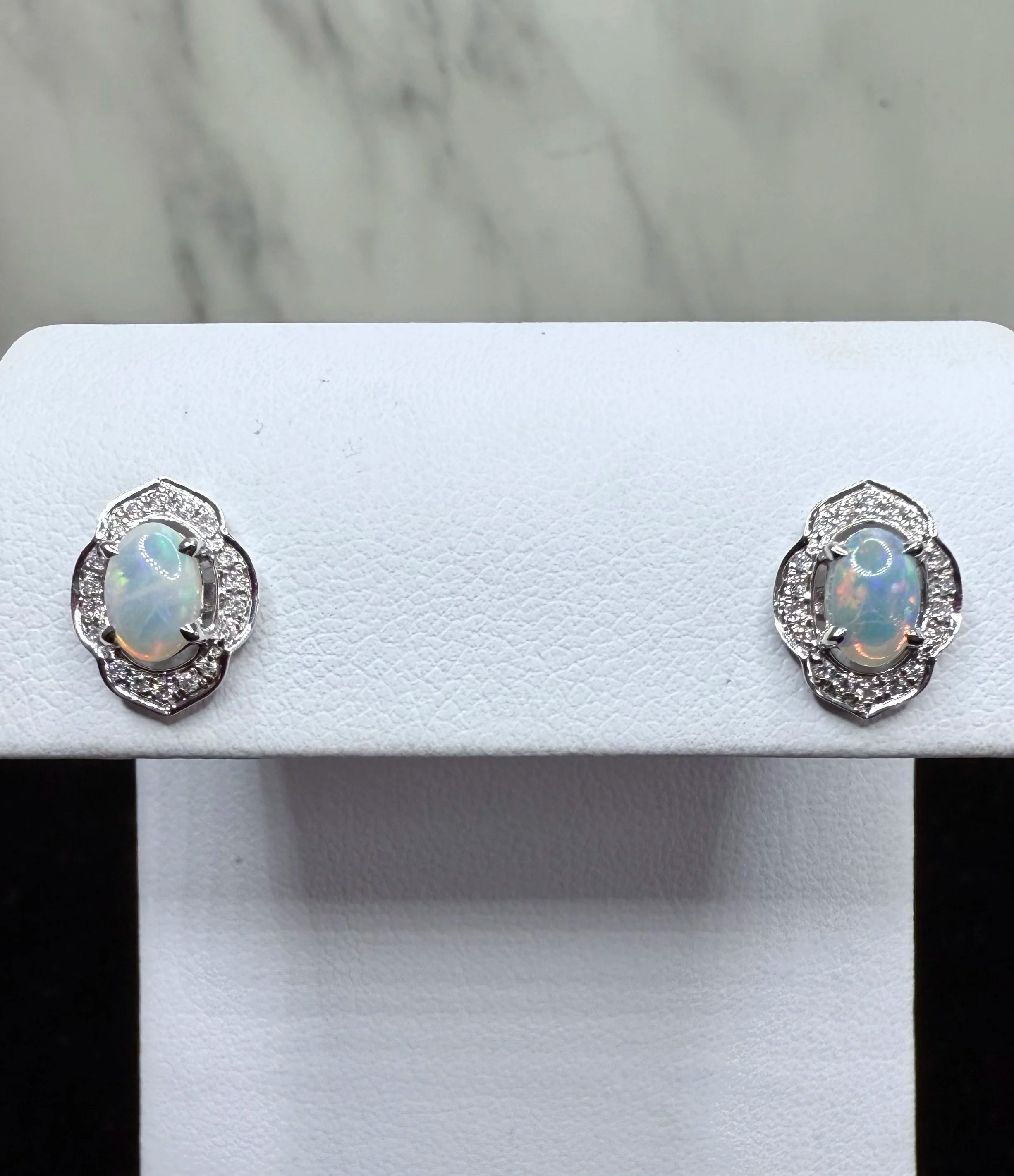 14K White Gold Opal and Diamond Earrings - 14K White Gold | Greco Jewelers