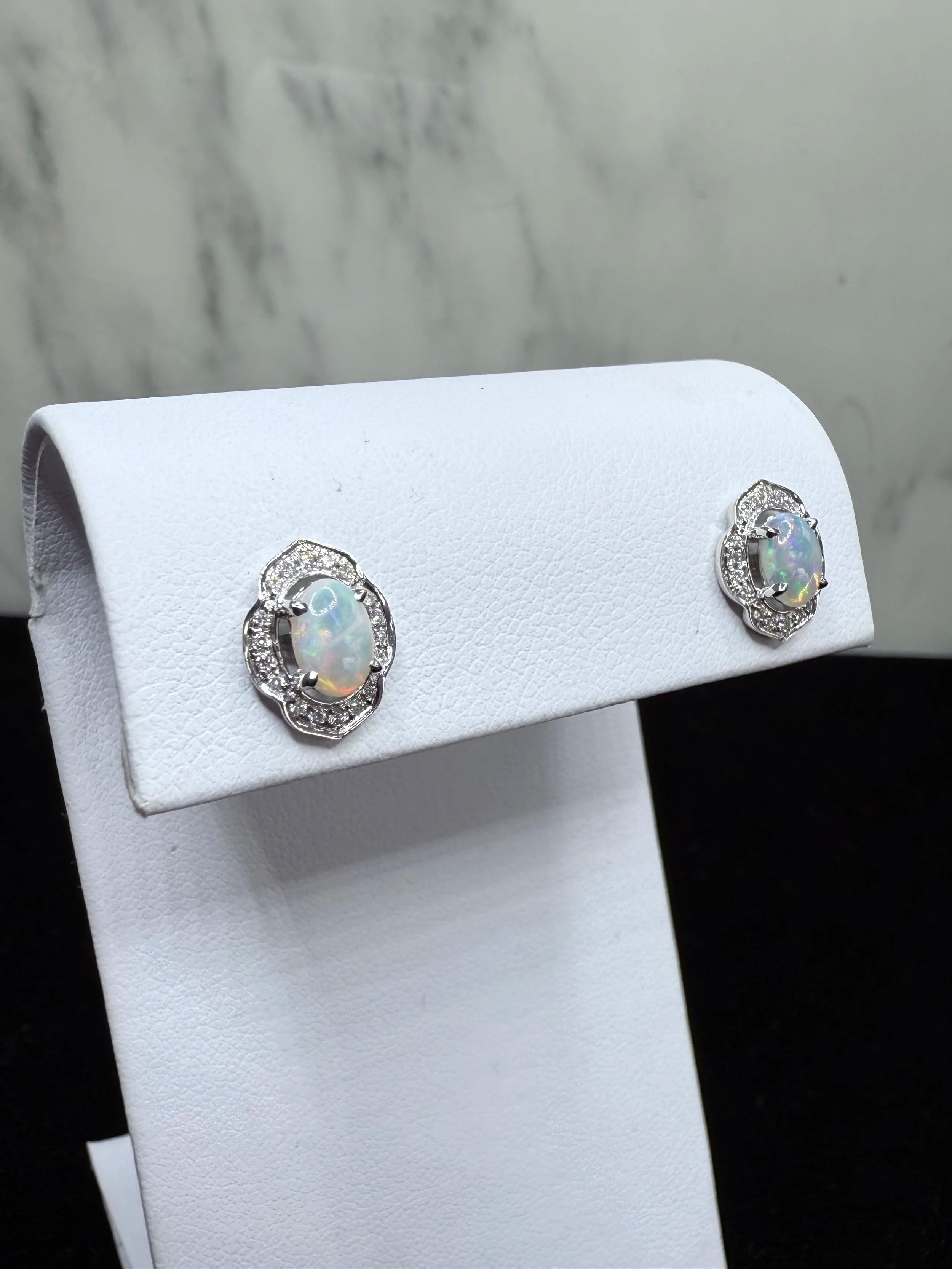 14K White Gold Opal and Diamond Earrings - 14K White Gold | Greco Jewelers - detail view