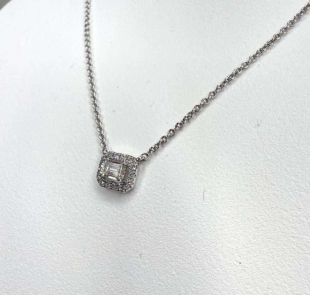 18K White Gold Diamond Halo Necklace - 18K White Gold | Greco Jewelers - close-up