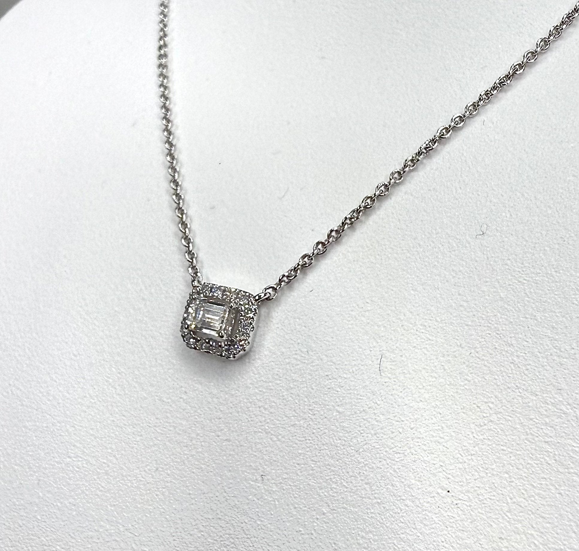 18K White Gold Diamond Halo Necklace - 18K White Gold | Greco Jewelers - close-up