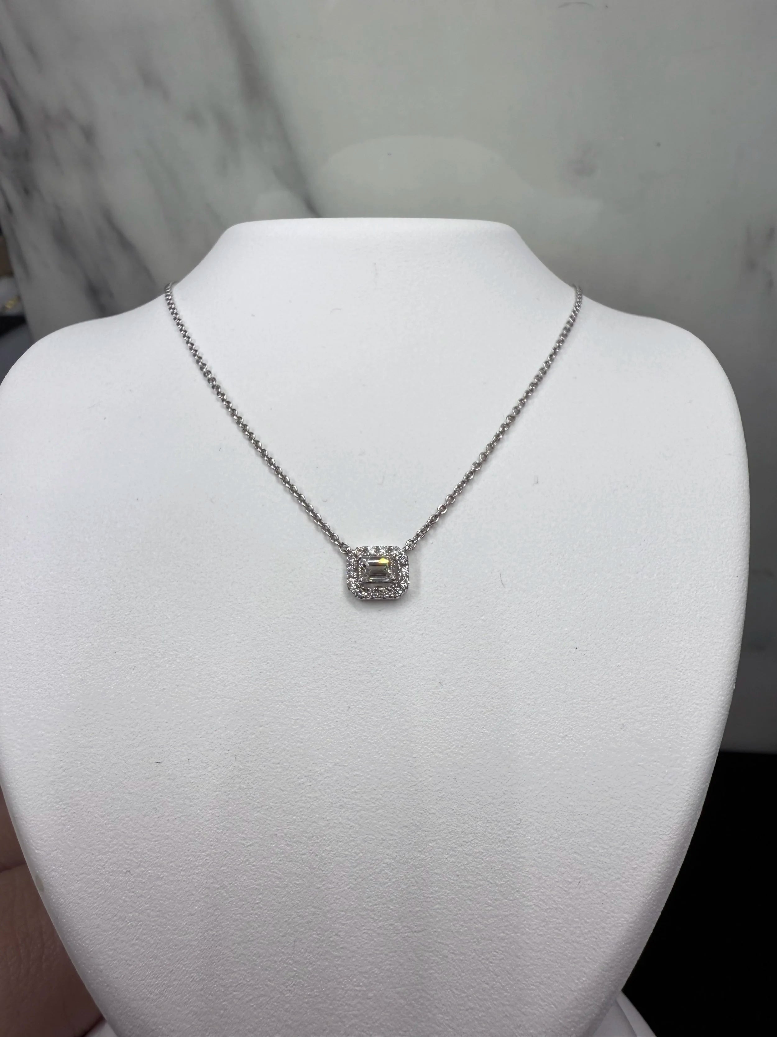 18K White Gold Diamond Halo Necklace - 18K White Gold | Greco Jewelers - alternate angle