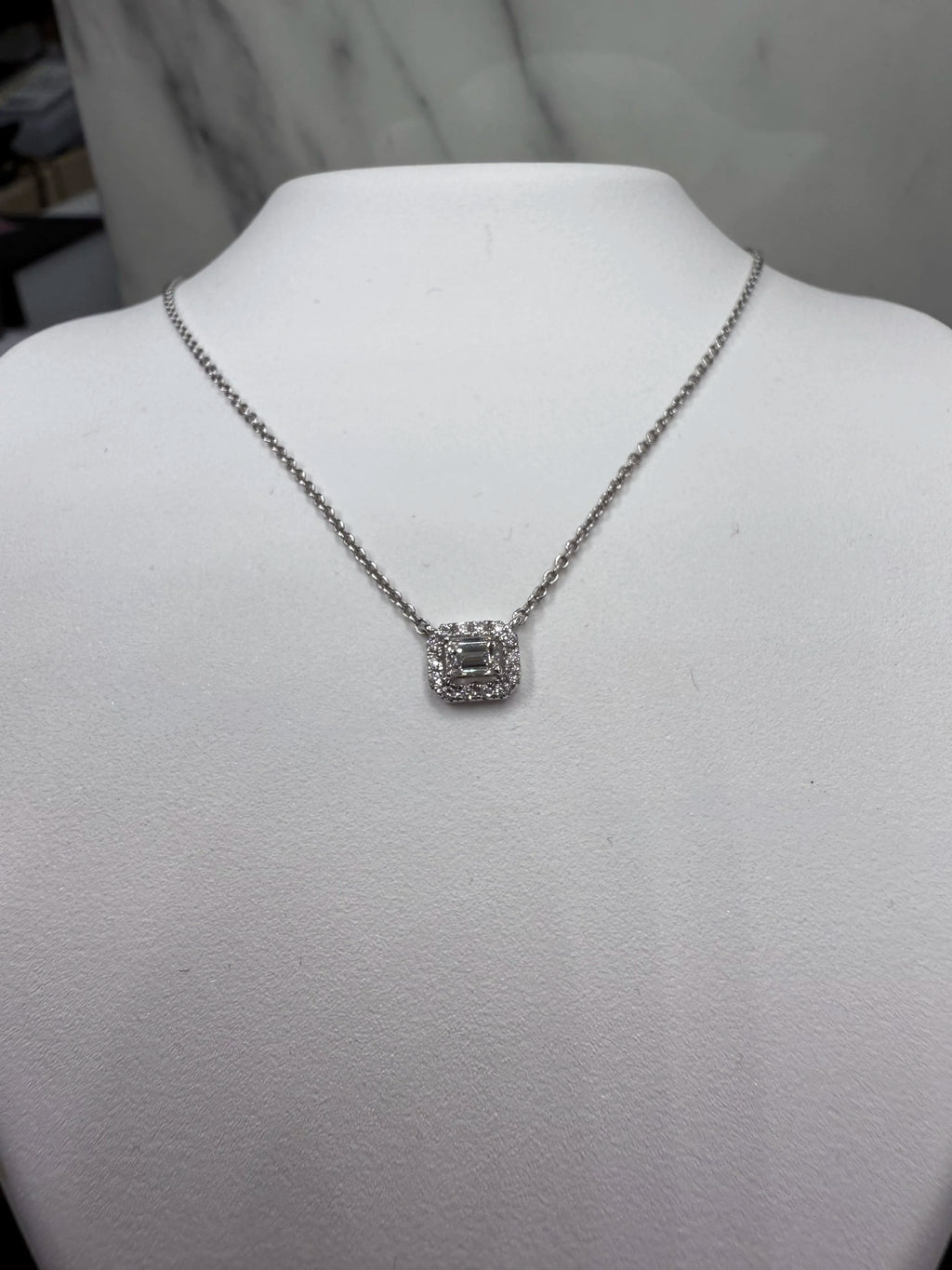 18K White Gold Diamond Halo Necklace - 18K White Gold | Greco Jewelers - detail view