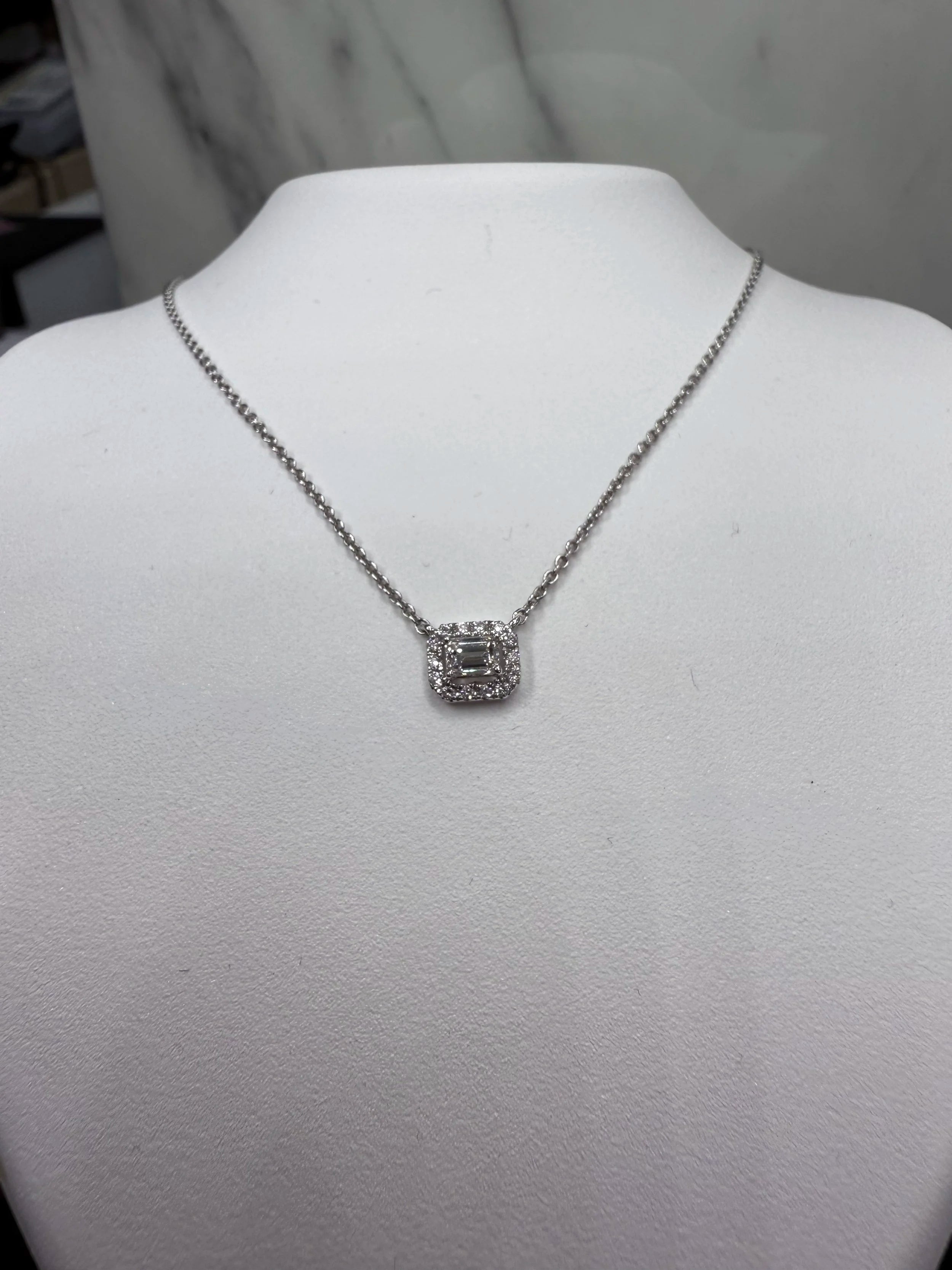 18K White Gold Diamond Halo Necklace - 18K White Gold | Greco Jewelers - detail view