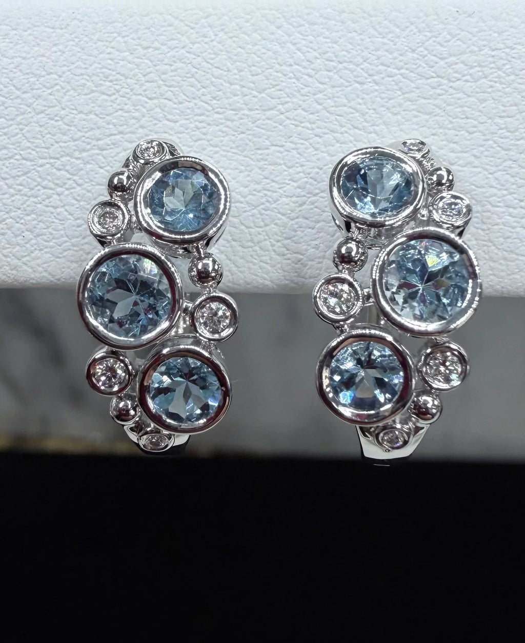 14K White Gold Aquamarine and Diamond Earrings - 14K White Gold | Greco Jewelers - detail view