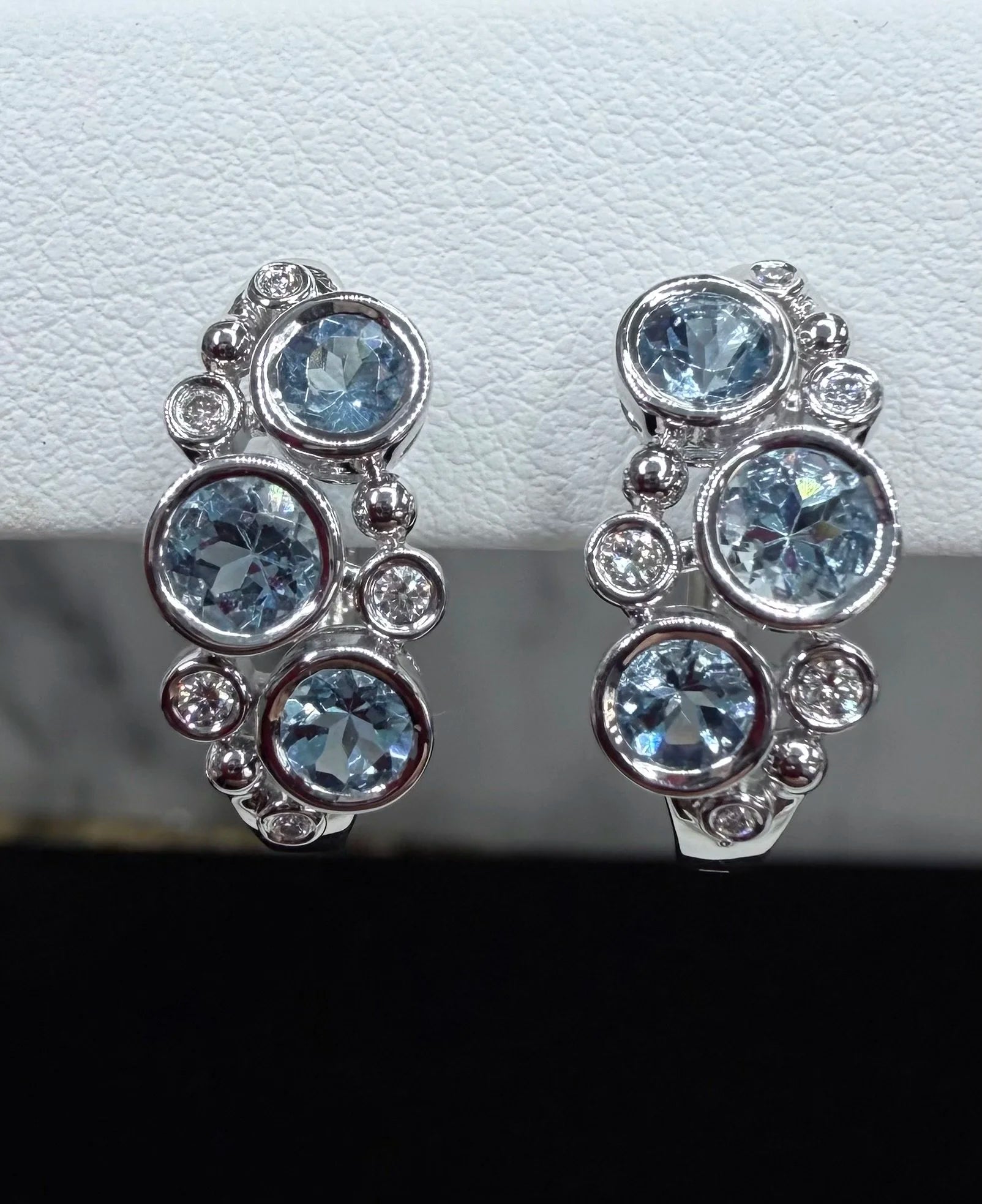 14K White Gold Aquamarine and Diamond Earrings - 14K White Gold | Greco Jewelers - detail view