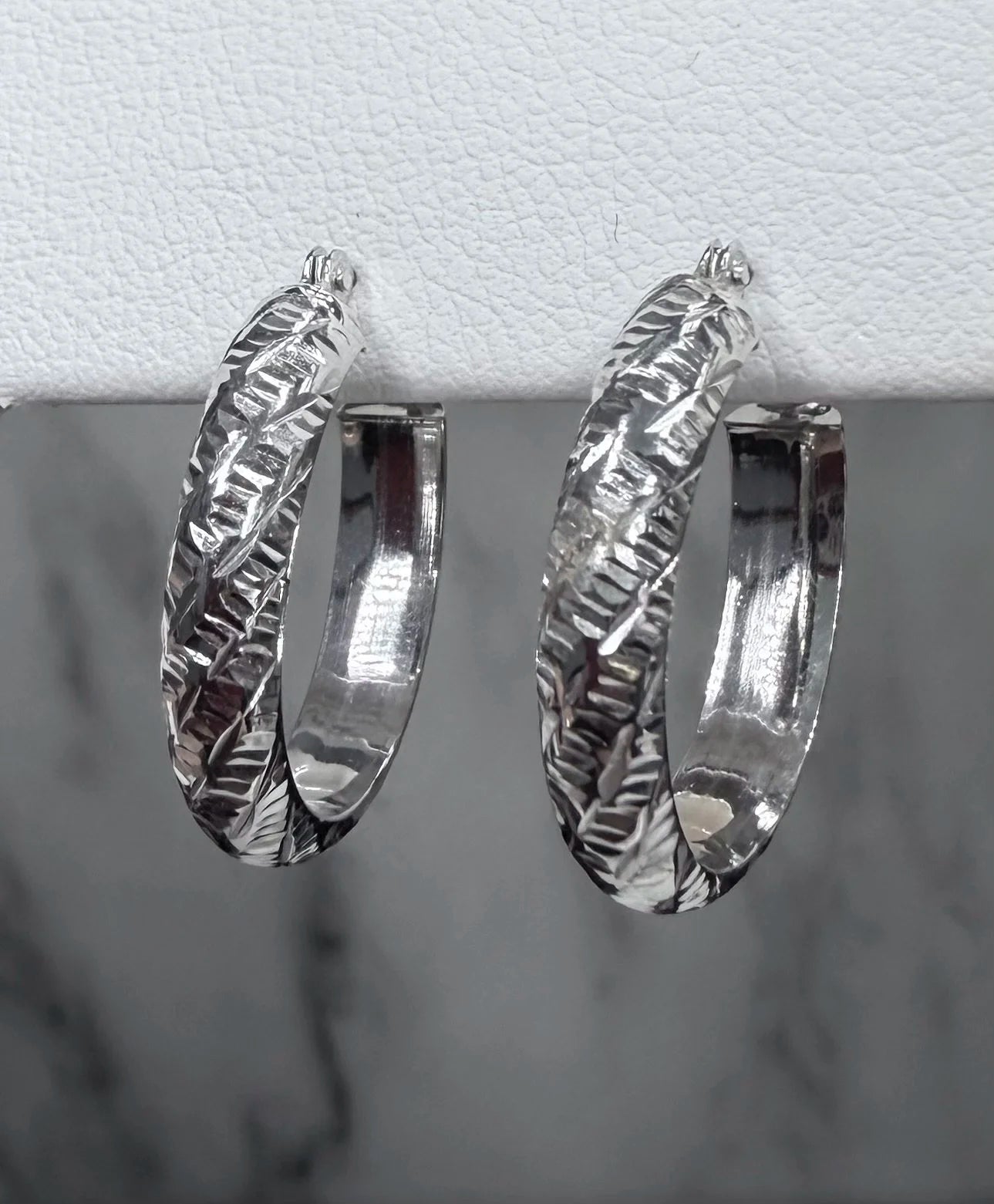 14K White Gold Diamond Cut Hoop Earring - 14K White Gold, hoop earrings | Greco Jewelers - alternate angle